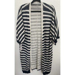 Three Dots Womens Long Striped Short Sleeve Cardigan Sweater Blue White Sz Small